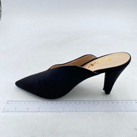 YDN Black Suede Cone Heel Pointed Toe Slide Mules Slip on V Cut Slide Sandals - Picture 2 of 8